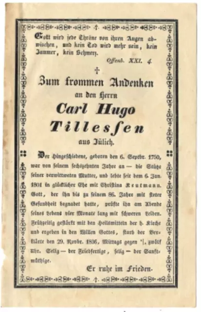 2 S. Totenzettel: Carl Hugo Tillesfen aus Jülich geb. 1750 Todesengel RAR
