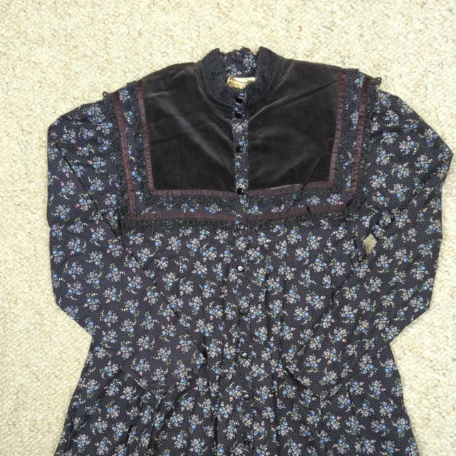Vintage 70s Gunne Sax Prarie Dress Size 11 Black Lace Floral Lace Velvet Flaw