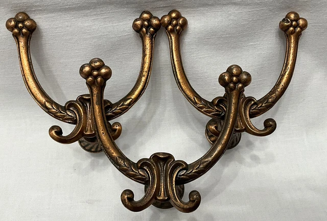 3 Antique Hall Tree Hat Rack Coat Hooks Cast Iron Double Hooks Bronze Victorian 12