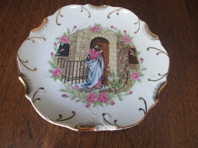 Vtg 8 1/4" Diameter "Jesus Knocking At Door" Rose Garden 18K Gld Trm Plate-Japan