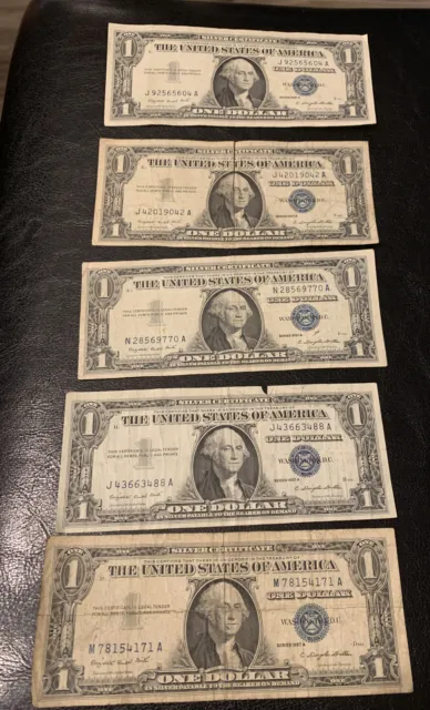 1957 A One Dollar ($1) Silver Certificate Blue Seal Circulated Lot of 5 Bills