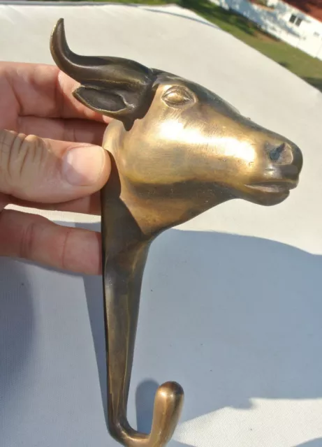 BULL COAT HOOK solid AGED brass antiques vintage old style 6" hook heavy B