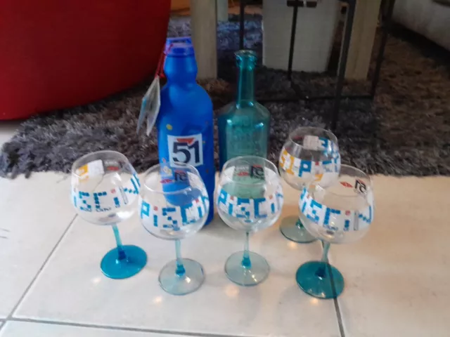 Lot De 5 Verres Pastis 51 "Piscine" Tabas + 2 Carafes