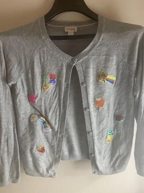 Random Cute Emblems Little Girls Sweater Size Large Grey Cat&Jack Sparkly