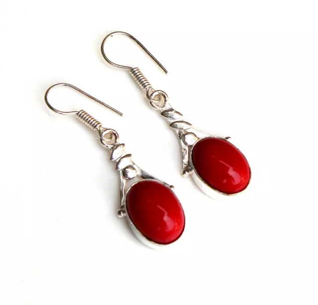 Red Coral Gemstone Handmade 925 Sterling Silver Jewelry Earring Size 1.20"