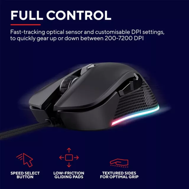 Trust GXT 922 YBAR Gaming Mouse RGB LED-Beleuchtung 200-7200 DPI USB Kabel 2