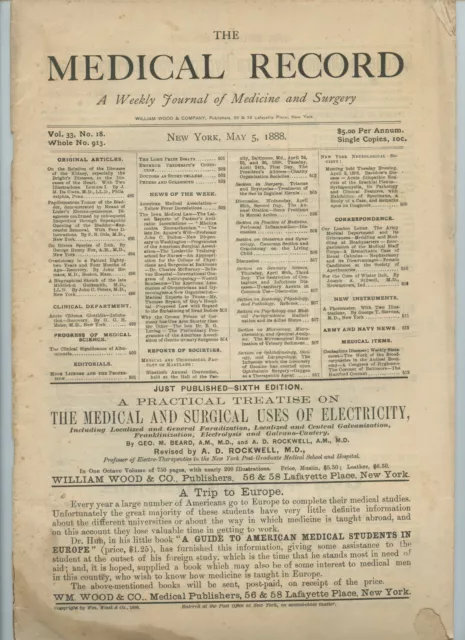 5/5 1888 New York Medical Record Journal Medicine Surgery Doctor Trade Magazine