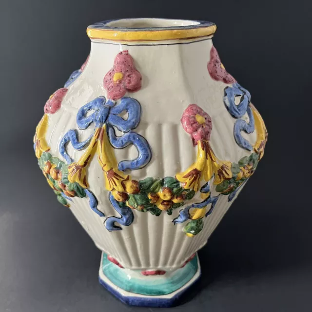 Vtg Italian Majolica Art Pottery Vase Colorful Large Faience Floral Bows Italy