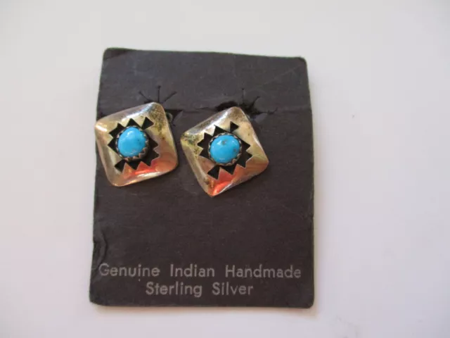 vint Native American Southwestern Indian Sterling SIlver Turquoise Clip Earrings