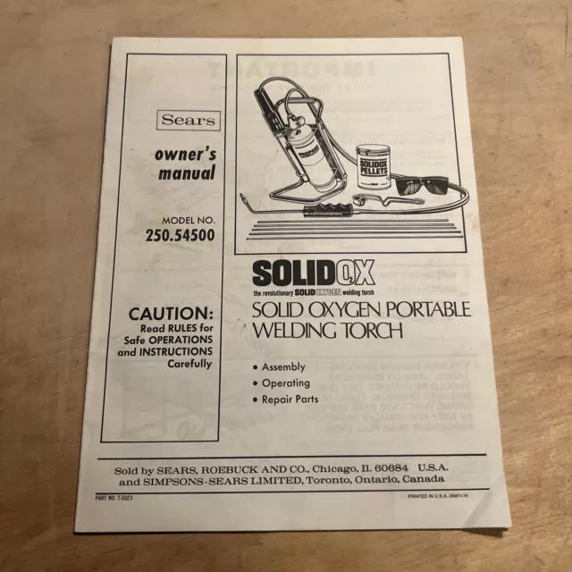 Solidox Welding Torch Vintage 1974 Instruction Manual Sears Roebuck T-5023