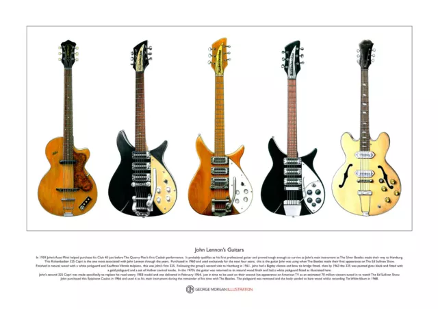 John Lennon's Guitars Limited Edition Fine Art Print A3 size