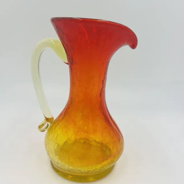 Pitcher Vase Crackle Glass Amberina Hand Blown Art Mini Vintage Red Yellow