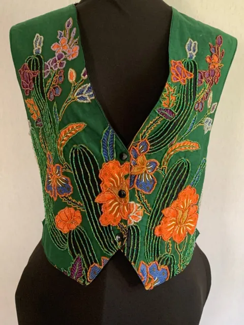 Miki and Company Beaded Snap Front Vest Size Medium Cactus Floral Green Black