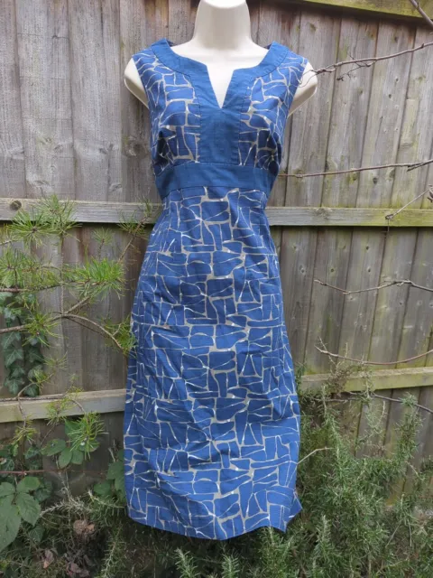 Boden Blue Pattern Shift Midi Dress Size 12 Cotton Sleeveless Lined Notch Neck