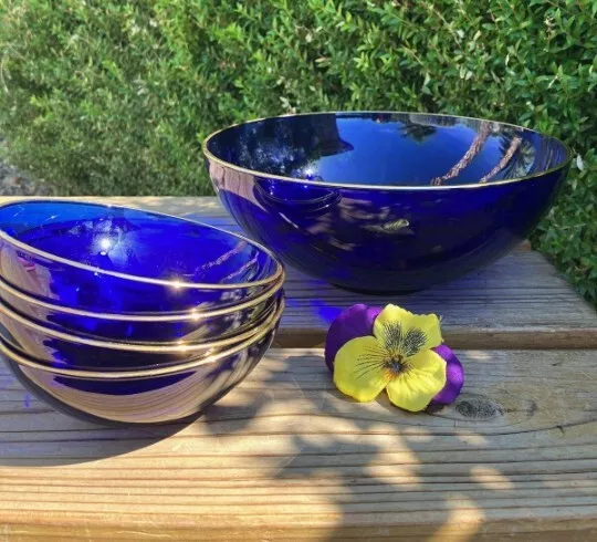 Cobalt Blue & Gold 22K Trim Glass Salad Bowl Set of 5-Large Serving Bowl Set 