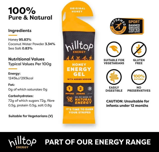 HILLTOP ENERGY GELS Natural Honey Gel Original 30 g (Pack of 12