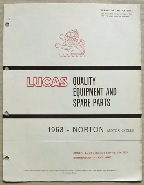 LUCAS NORTON MOTORCYCLES Equipment Spares List 1963 #828/63 Dominator JUBILEE ++