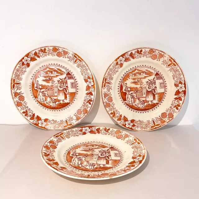 3 X Vintage Chinese Porcelain Plates - Red Transferware Pattern - Oriental Decor