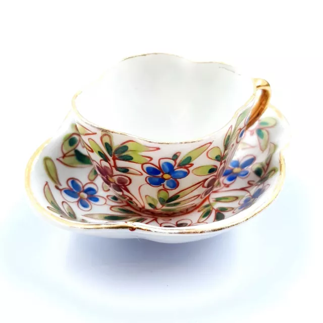 Antique Miniature Tea Cup & Saucer Quatrefoil Set Handpainted Porcelain