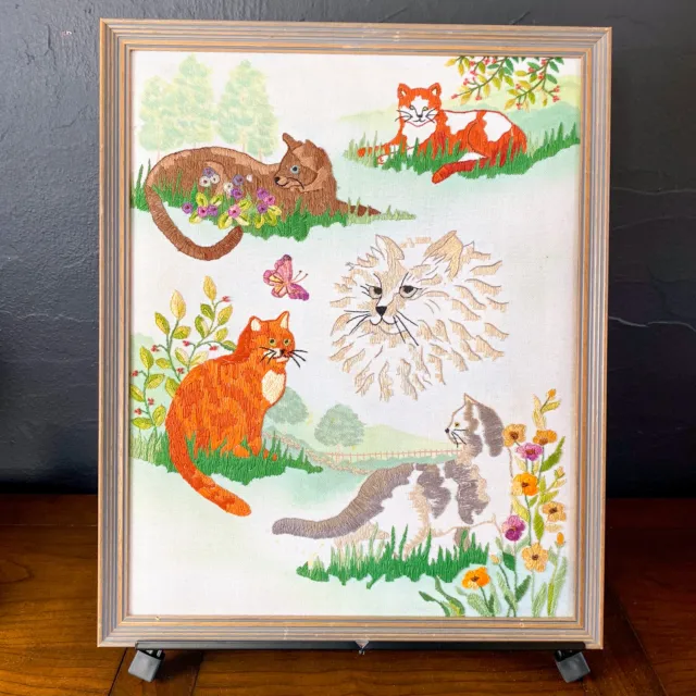 Vintage SO MANY CATS! Handmade Colorful Framed Needlepoint KittY Kitten ART
