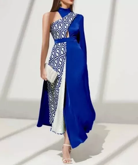 Blue White Asymmetric Aline One Sleeve One Shoulder Midi-Maxi Dress Size 16
