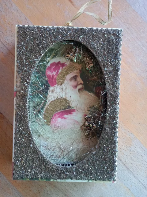 Klosterarbeit Nikolaus im Rahmen mit Golddeko zum Aufhängen 16x11 cm handgemacht