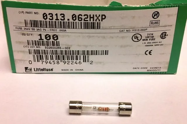 10pcs- LITTELFUSE 0313.062HXP -Slo-Blo 250V 0.062A 6.35x31.75mm Glass Cart. Fuse