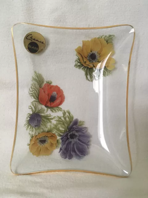 Vintage Chance Glass Anemone Pattern Gold Rimmed Rectangular Dish With Label