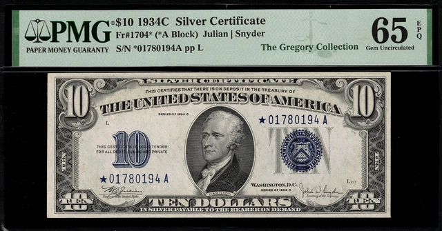 1934C $10 Silver Certificate FR-1704* - STAR NOTE - PMG 65 EPQ Gem Uncirculated