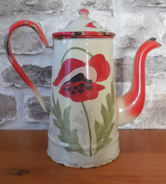 Cafetiere  Emaillee   Ancienne  Coquelicot / French Coffee Pot Enamelware