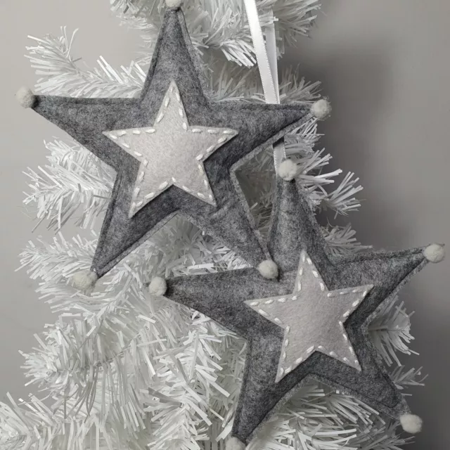 STARS Christmas Grey Felt Hanging Star Shaped Tree Decoration Pom Poms x 2