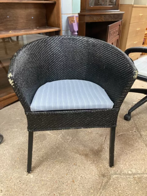 Vintage Lloyd Loom Style Black Painted Woven Bedroom Chair with Fabric Seat