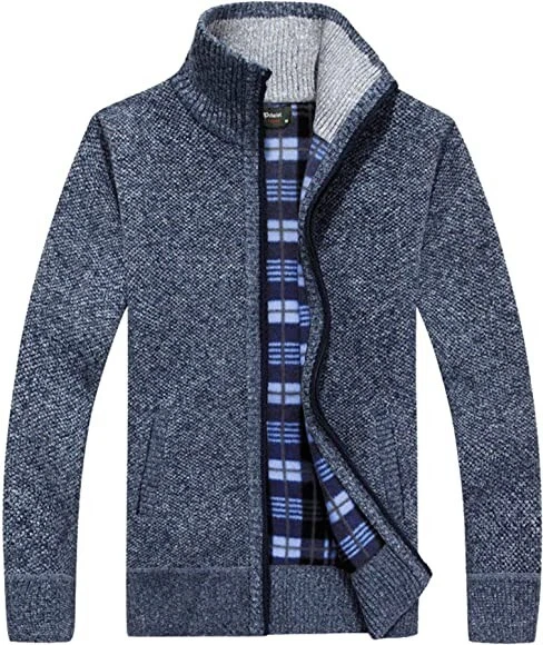 Mens Winter Funnel Collar Zip Up Thick Fleece Lined Knitted Cardigan Jumper Top
