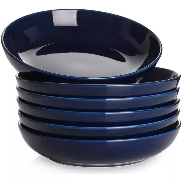 Pasta Bowls Large Salad Serving Porcelain Soup Bowl Blue, Set of 6