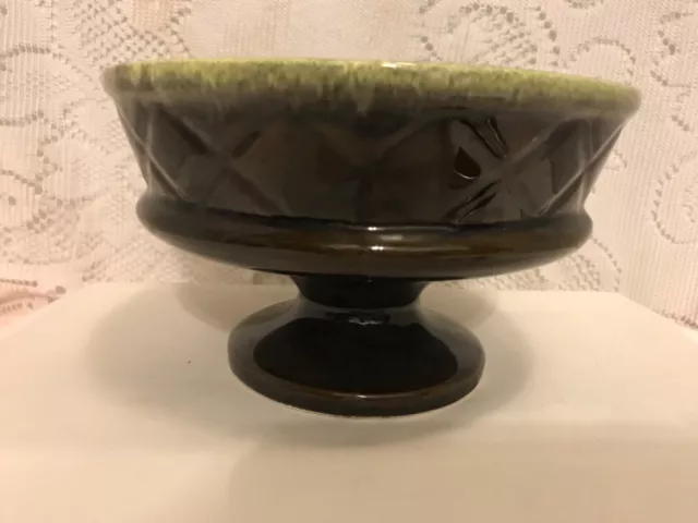 Vintage Pottery Pedestal Bowl/ Planter Green/ Brown Drip - Usa