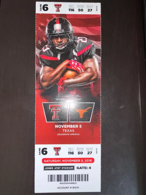 2016 Texas @ Texas Tech College Football 11/5 Ticket Stub Patrick Mahomes 3 TDs