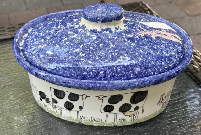 Vintage Molly Dallas Ceramic Covered Dish with Lid Blue Spatterware