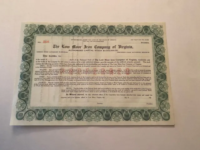 KA1 The Low Moor Iron Company of Virginia Preferred Stock Certificate Allegheny
