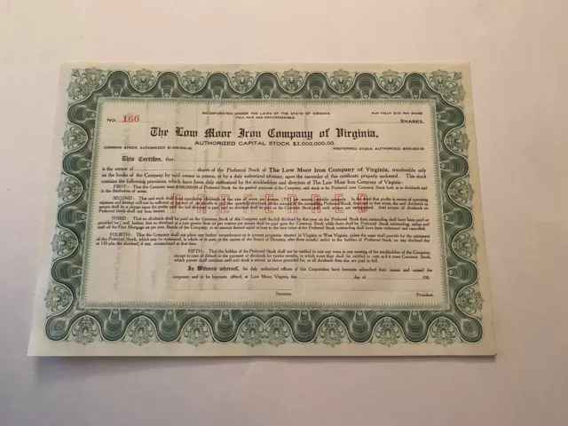 KA12 The Low Moor Iron Company of Virginia Preferred Stock Certificate Allegheny