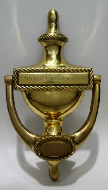 Vintage Solid Brass Engraved "The Baker's" Urn Style Door Knocker - 8" x 4-1/8"