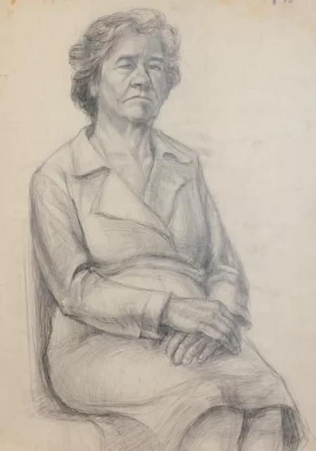Vintage original pencil drawing old woman portrait