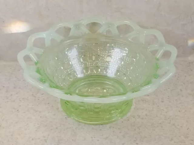 IMPERIAL GLASS Katy Vaseline Opalescent Open Lace Bowl BUTTONS CANE 6 1/4" VGC!