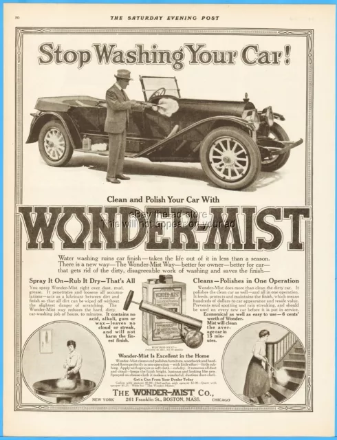 1917 Wonder Mist Co Boston MA Clean and Polish Stop Washing Your Car Ad