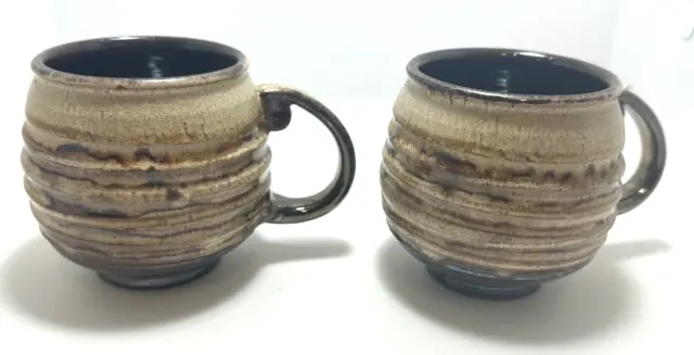 Joe Sartori Pottery Ribbed Textured Brown Glazed Coffee Mugs Australian Signed