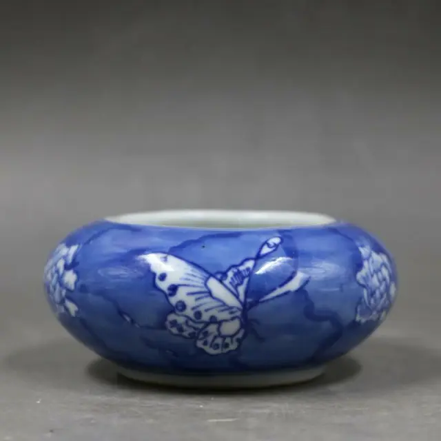 China Blue & White Porcelain Qing Qianlong Peony Butterfly Pot Brush Washer 3.5"