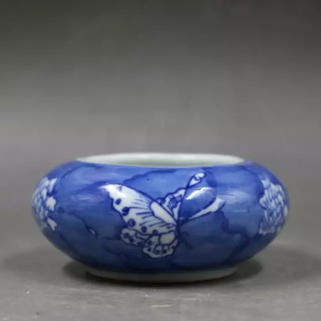 China Blue & White Porcelain Qing Qianlong Peony Butterfly Pot Brush Washer 3.5"