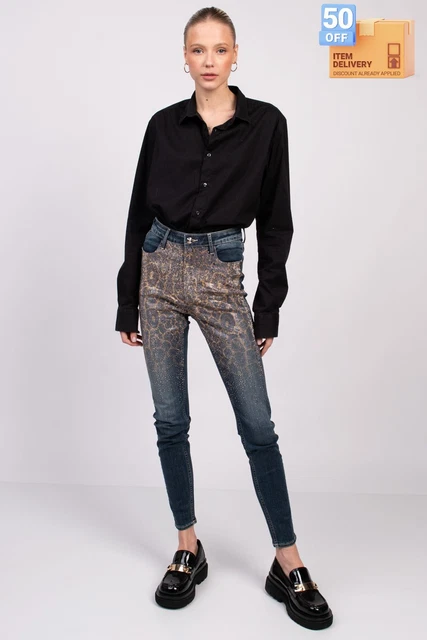 RRP€215 MET IS BACK M1 CARA AB Jeans W28 Stretch Snake Pattern Rhinestone Logo