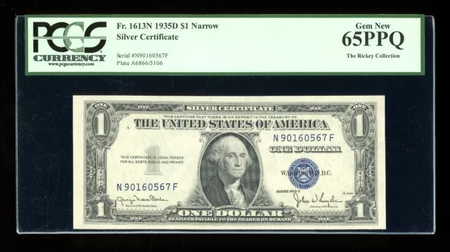 DBR 1935-D $1 Silver Fr. 1613N Narrow Gem NF Block PCGS 65 PPQ Serial N90160567F