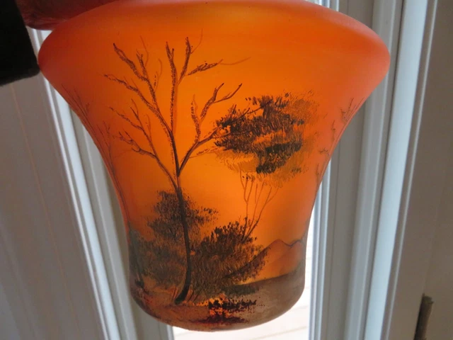 antique handpainted 8" orange satin glass pendant shade- great condition