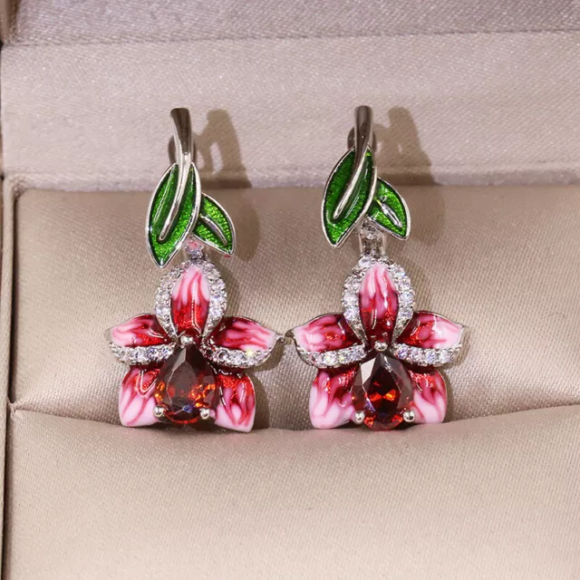 Gorgeous Pear Cut Red Enamel Flower Dangle Earrings 925 Silver Wedding Jewelry